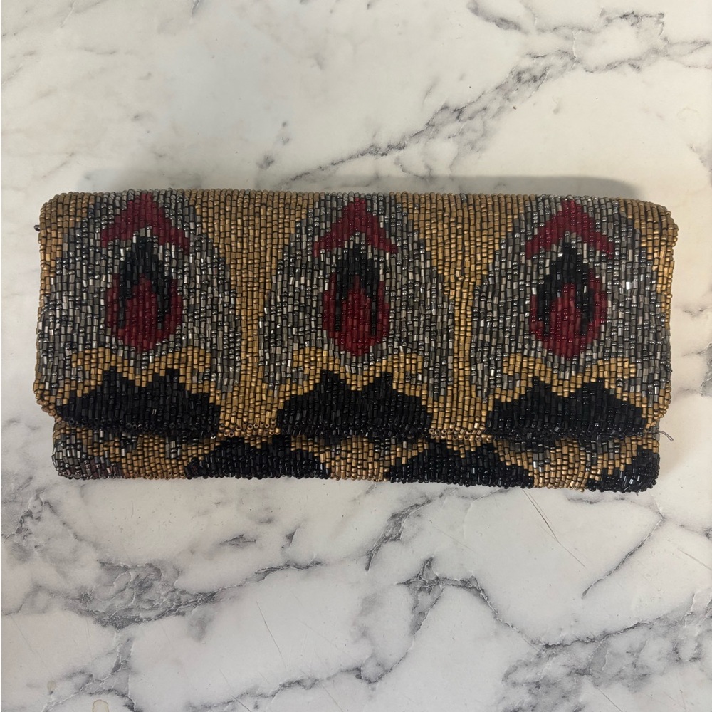 Moyna Beaded Cosmetic Bag in Black, Red, and Gold